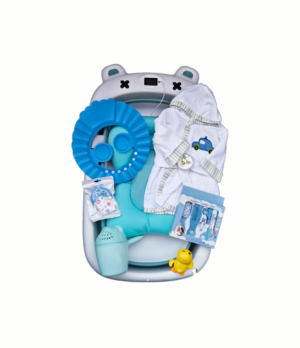 set de bañera oso plegable blanco con celeste con termometro digital mas accesorios de baño