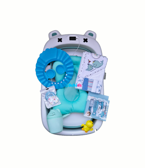 set de bañera oso blanco con celeste con termometro digital mas accesorios