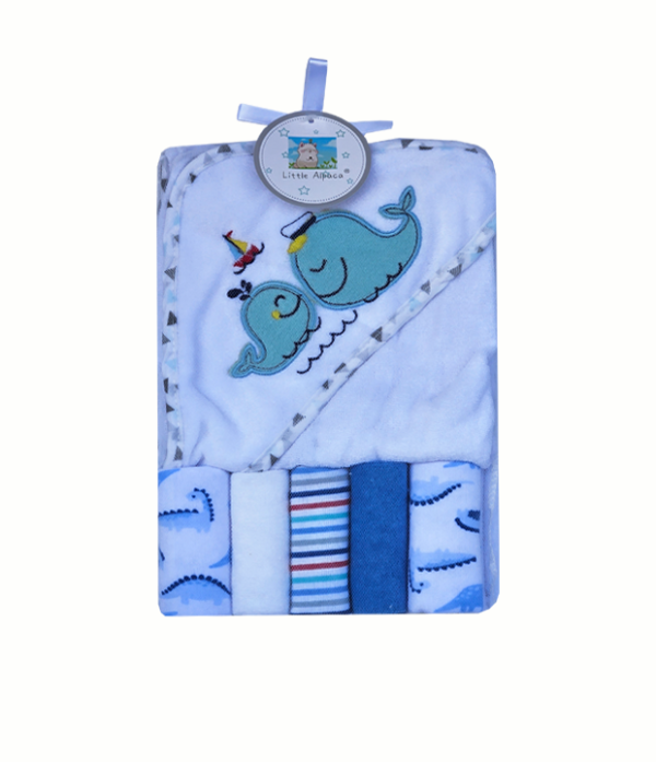 set de toalla de baño con capa mas cinco mini tutos de algodon para bebes