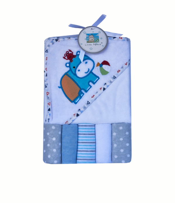 set de toalla de baño con capa mas cinco mini tutos de algodon para bebes