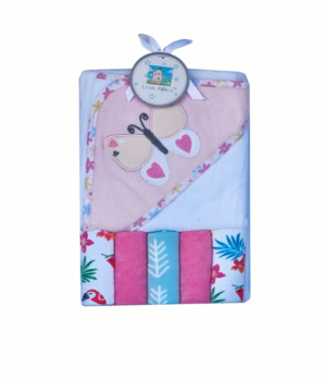 set de toalla de baño con capa mas cinco mini tutos de algodon para bebes diseño mariposa