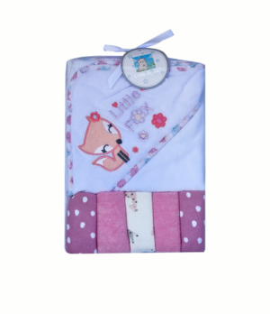 set de toalla de baño con capa mas cinco mini tutos de algodon para bebes diseño zorrita